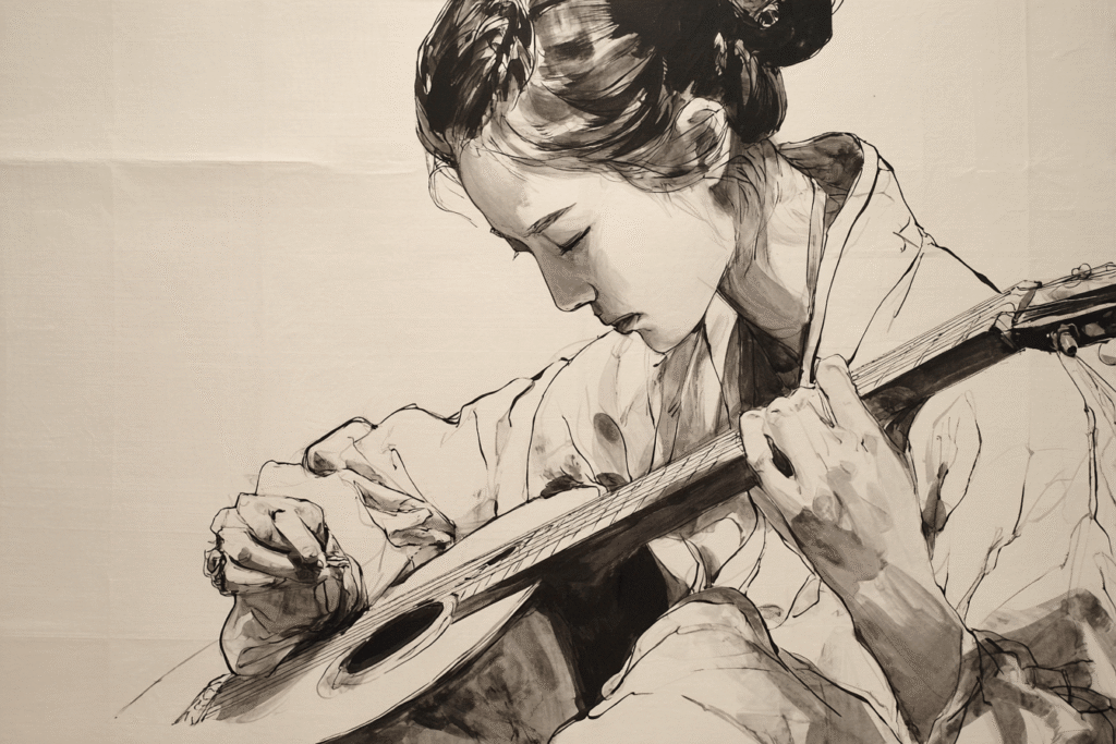 Tuschzeichnung einer Frau, die eine Gitarre stimmt. Symbolbild für die richtige Anstrengung in der buddhistischen Meditation.