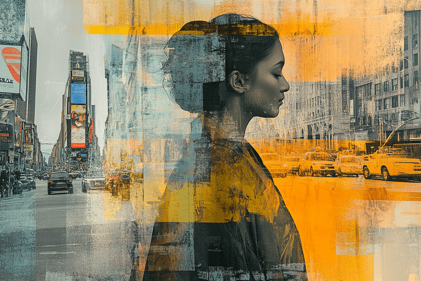 Collage modernen, urbanen Großtstadtlebens. Eine Frau folgt einem spirituellen Weg: Der edle achtfache Pfad