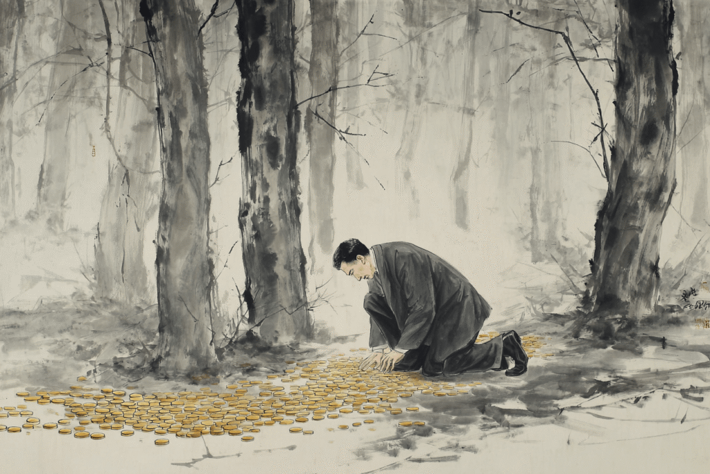 Illustration eines reichen Kaufmanns, der einen Weg mit Gold auslegt. Symbolbild für Großzügigkeit im Zusammenhang mit Karma im Buddhismus