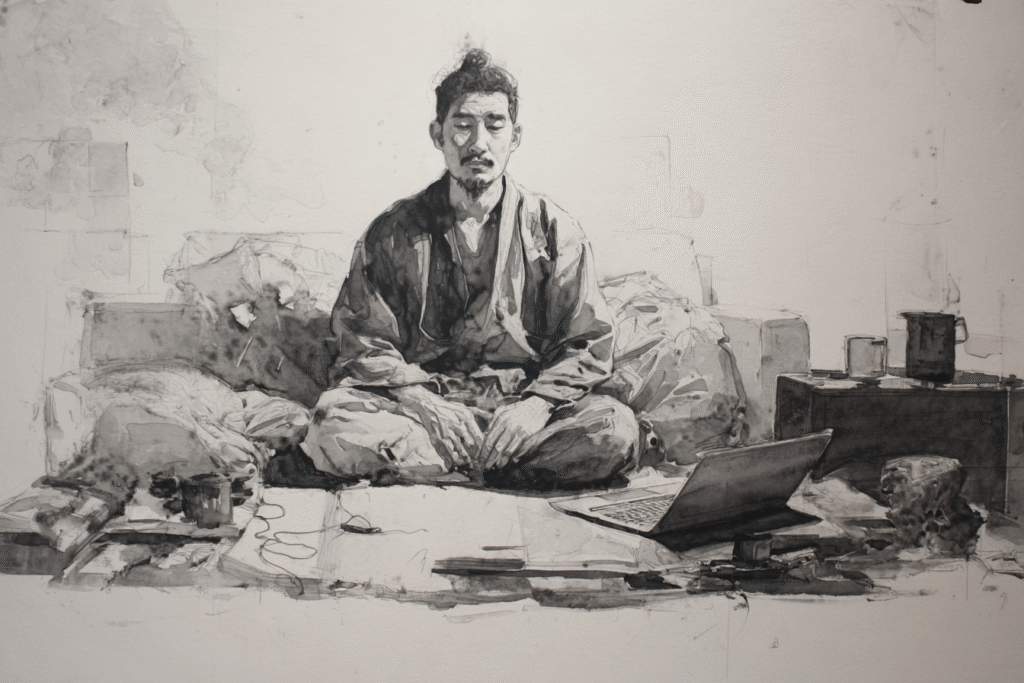Tuschzeichnung eines Asiaten in Meditatationshaltung, umgeben von Devices. Buddhistische Meditation braucht keine feste Zeiten.