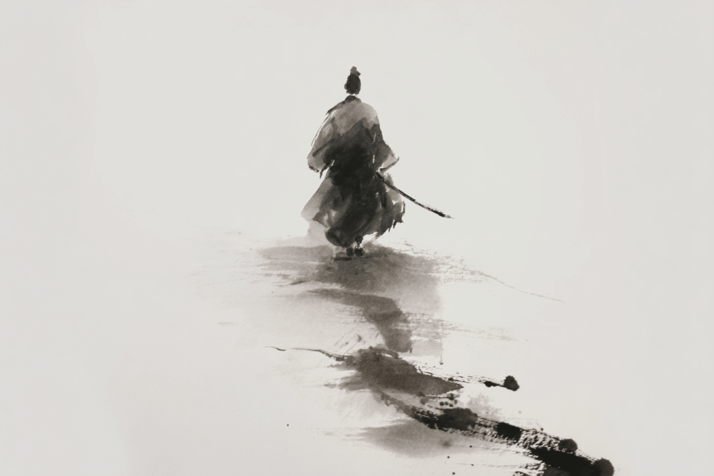 Tuschbild von einem Samurai von hinten. Schwert ragt an seinem Gürtel zur Seite. Symbolbild für die vier Grundlagen der Achtsamkeit