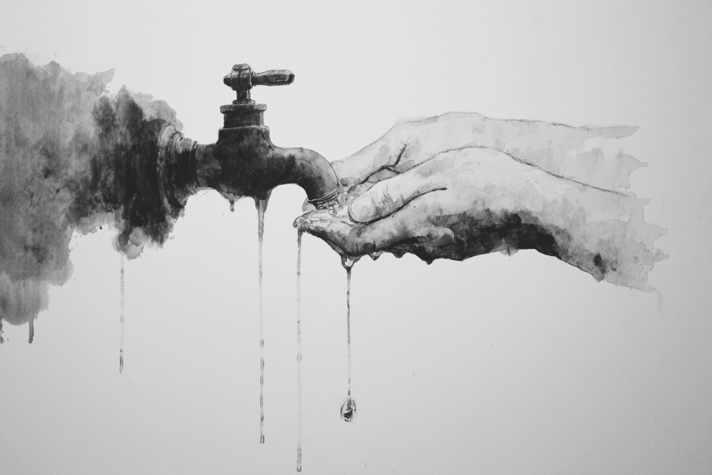 Tuschzeichnung von Händen unter einem Wasserhahn