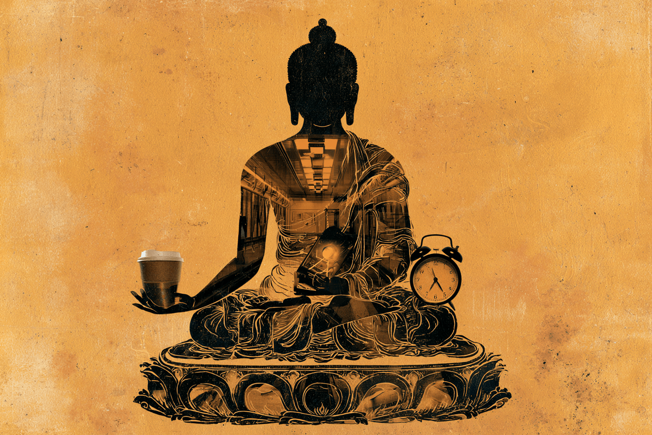 Collage eines Buddha, die sich aus einer Uhr, einem Blick in einer U-Bahn, einem Togo-Becher zusammensetzt. Symbolbild für Meditation im Buddhismus