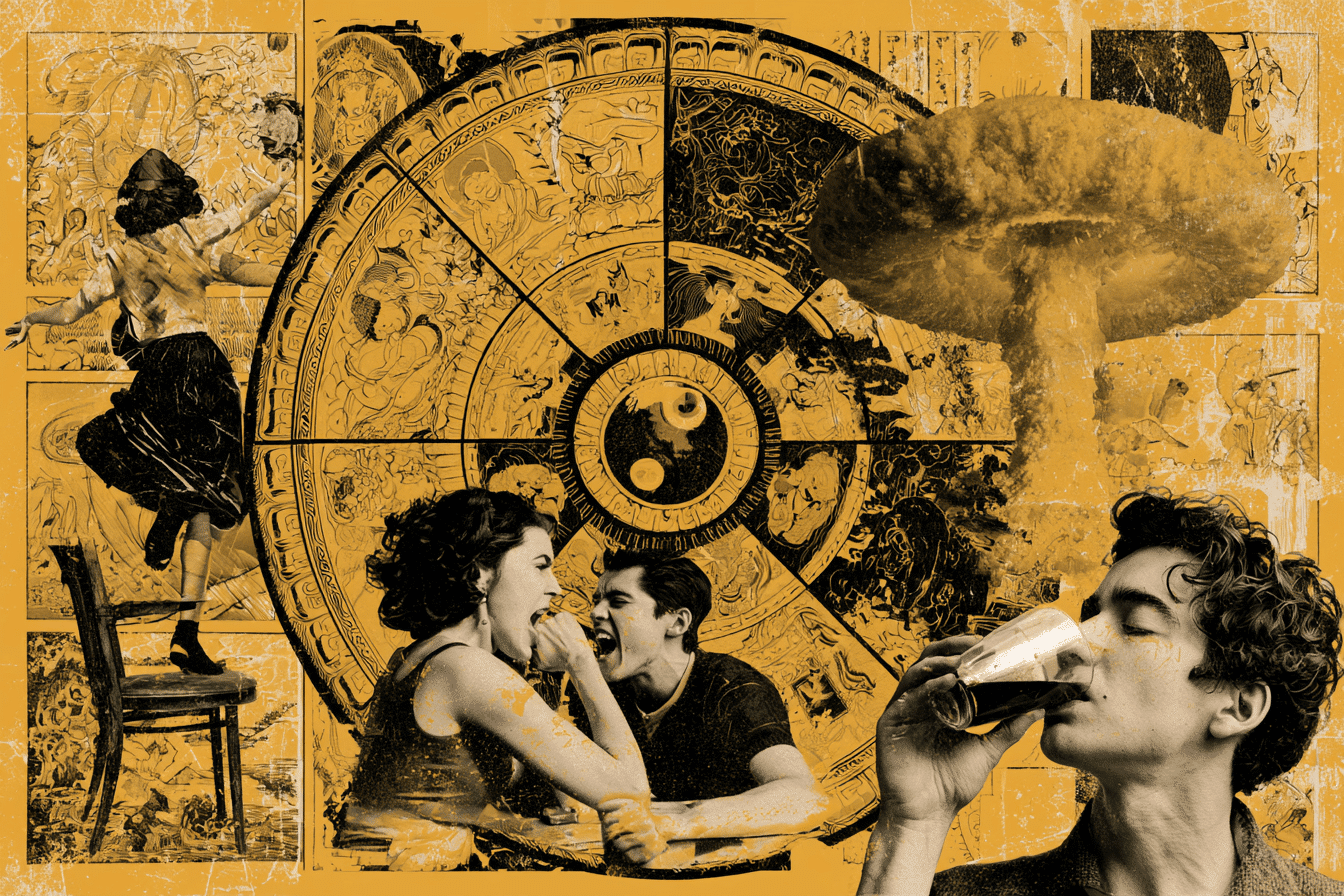 Eine surrealistische Collage im Vintage-Stil in Gelb-Ocker-Tönen, die ein komplexes buddhistisches Thangka-Rad mit einem Yin-Yang-Symbol im Zentrum zeigt. Das Rad wird von Szenen menschlichen Leidens umrahmt: Unten ein streitendes Paar, links eine tanzende Frau auf einem Stuhl, rechts ein trinkender Mann vor einem Atompilz. Der Hintergrund besteht aus alten Druckgrafiken. Das zentrale Thangka-Rad symbolisiert Weisheit und Erlösung, ein Verständnis von "Die vier edlen Wahrheiten