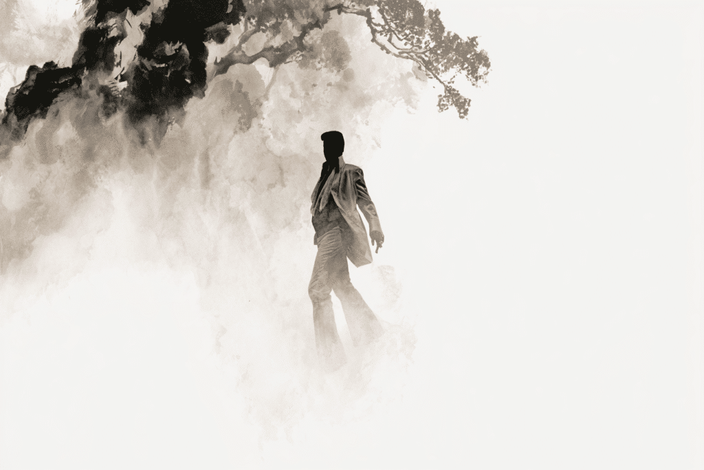 Tuschzeichnung einer Person, die im Nebel verschwindet. Das Dukkha als Bodenlosigkeit, ständiges "Greifenwollen"