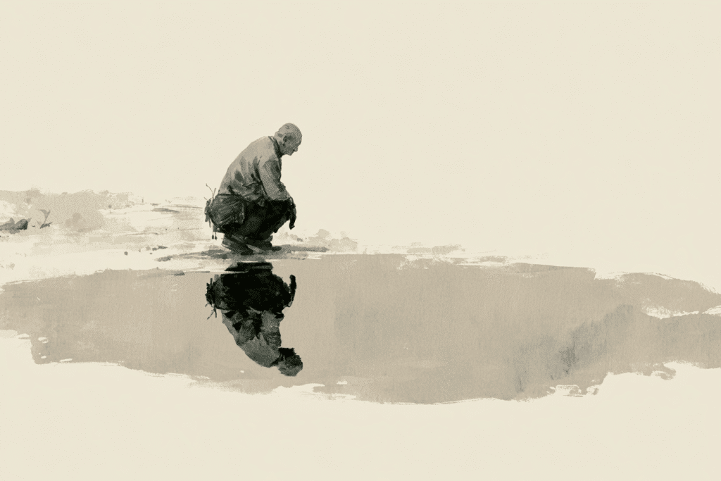 Eine Person betrachtet ihr Spiegelbild in einem Teich. Symbolbild für das Dukkha der Veränderung