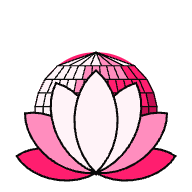 Das Lotusbomber Logo. Ein Lotus mit weißen und pinken Blüten vor einer Discokugel
