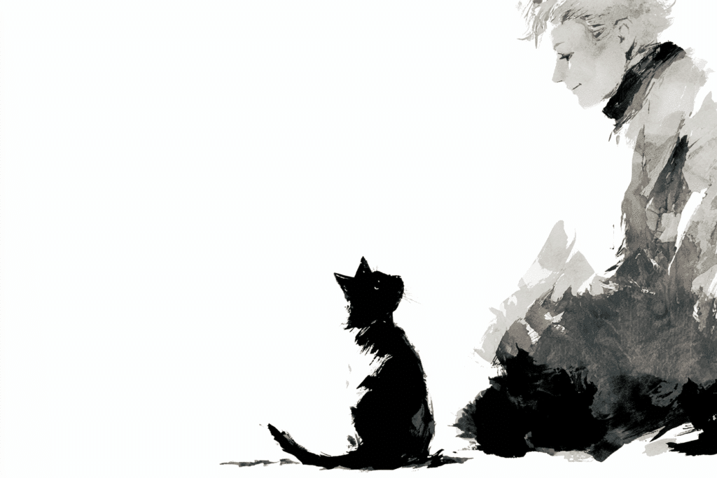 Katze und Junge im Stil einer Tuschzeichnung.