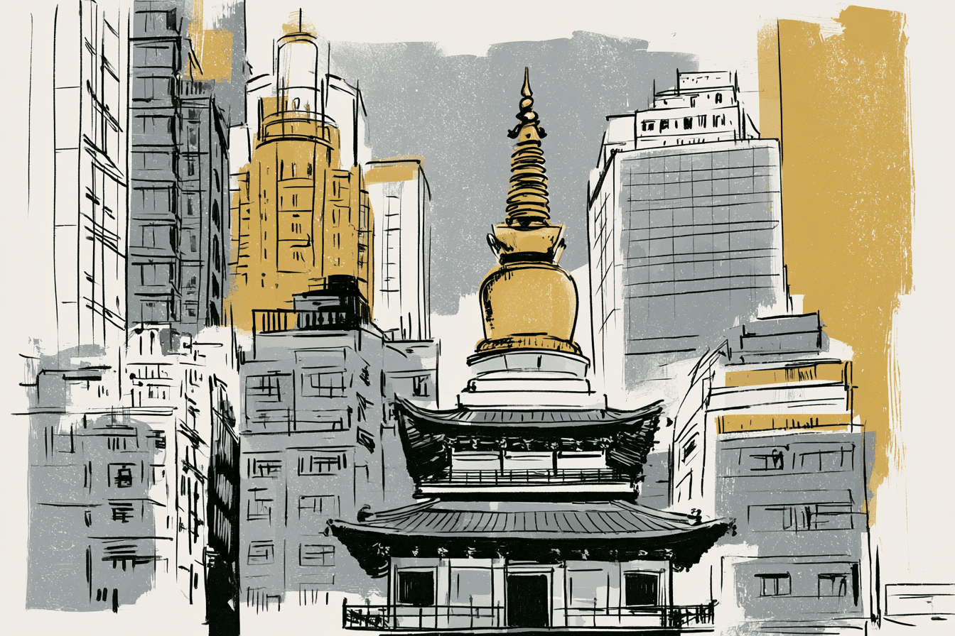 Ein asiatisch aussehender buddhistischer Tempel mitten in der Großstadt. Illustration.