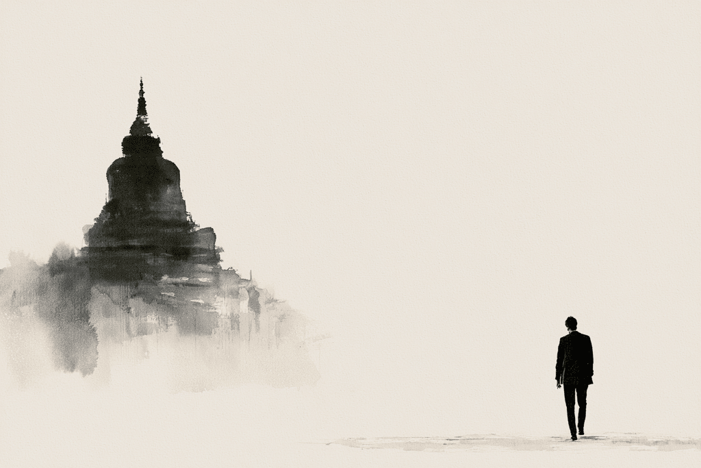 Tuschzeichnung einer Stupa und eines Mannes, der darauf zugeht.
