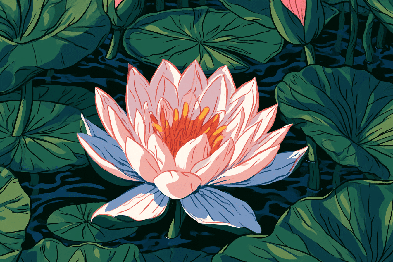 Illustration einer rosa Lotusblüte auf einem Teich umgeben. Eines von vielen Symbolen im Buddhismus.