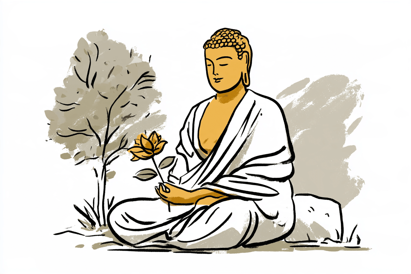 Illustration vom Buddha mit einer Blume in seiner Hand. Symbolbild für Zen Buddhismus