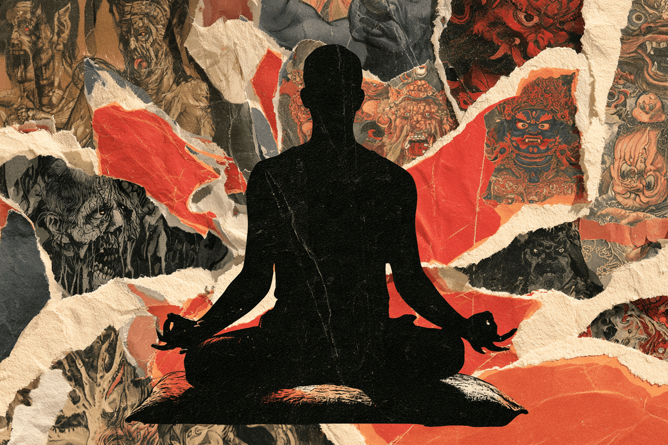 Collage mit der Shilouette eines Medtierenden in der Mitte. Drumherum ausgerissene Seiten, die Pretas, Hungergeister und andere Dämonen aus dem buddhistischen Kontext zeigen.