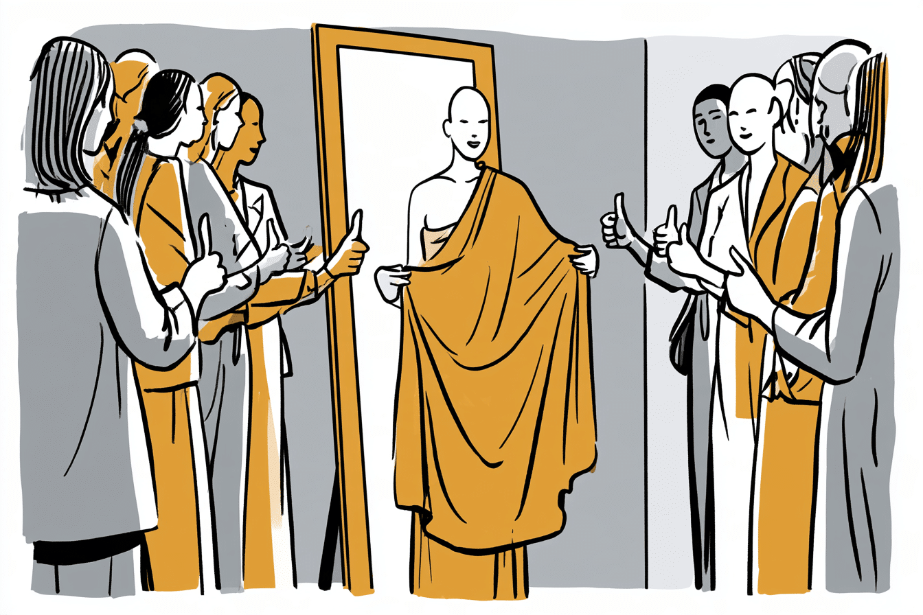 Illustration einer Frau in einer Anprobe. Sie zieht das orange buddhistische Nonnengewand über und ihre Freundinnen zeigen das Daumen-Hoch-Zeichen. Symbolbild für "Wie wird man Buddhist?"